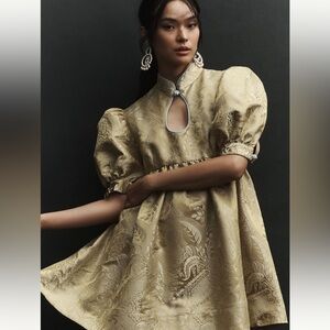 Anthropologie Maeve Puff-Sleeve Jacquard babydoll Mini Dress